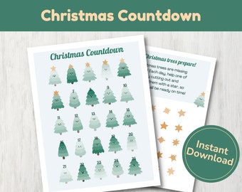 Cute Printable Christmas Countdown | Christmas Trees Advent Calendar DIY | Digital Download