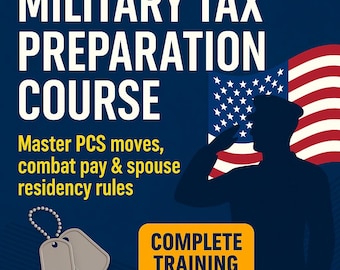 May include: An advertisement for a military tax preparation course. The image includes the text "MILITARY TAX PREPARATION COURSE" and "COMPLETE TRAINING." A silhouette of a saluting soldier is set against a US flag. Two dog tags are in the foreground.