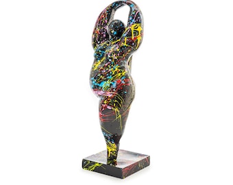 Manneken Pis 60cm Kunstbeeld Kunsthars - Zwart met Kleurrijke Splash Art - Petit Julien Statue - PopArt Woondecoratie - FourDomus