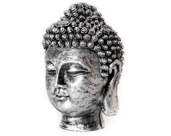 Boeddha Hoofd Kunstbeeld Indonesisch zilverkleur Geborsteld 30cm - Decoratie - Meditatie
