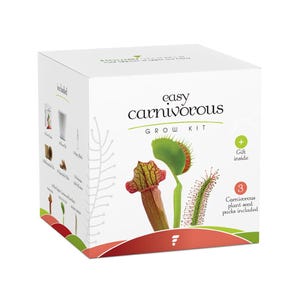 May include: A box for an easy carnivorous grow kit. The box features illustrations of three different carnivorous plants: a Venus flytrap, a pitcher plant, and a sundew. The box includes three carnivorous plant seed packs and a gift inside.