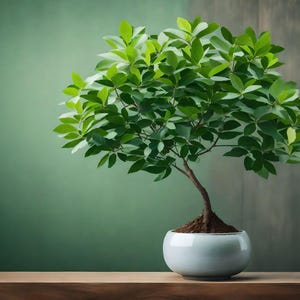 Puede incluir: Un pequeño árbol bonsái verde en una maceta de cerámica azul claro, sentado sobre una superficie de madera contra un fondo verde.