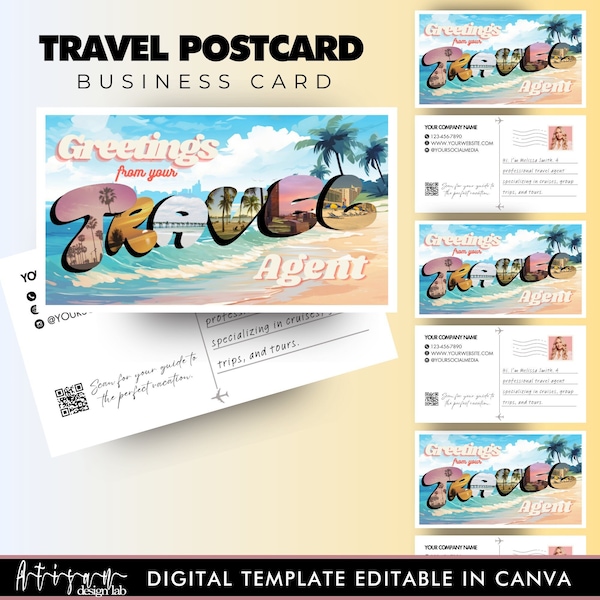 Travel Agent Business Card, Postcard Theme DIY Canva Template