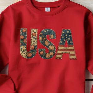 USA Flag Sweatshirt Floral Faux Patchwork Crewneck Pullover