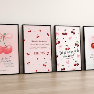 Cherry Christian Coquette Wall Art Set | Pink Aesthetic Christian Decor for Gallery Wall or Dorm | Scripture Prints with Bible Verses
