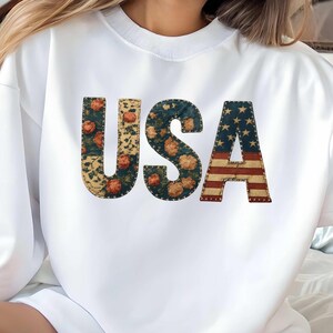 Faux Patchwork USA Sweatshirt, Patriotic Varsity Americana Crewneck, 4th of July Pullover