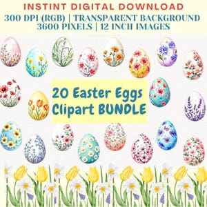 May include: A set of 20 digital clipart images of Easter eggs decorated with various floral patterns. The eggs are on a white background with a border of yellow tulips and white daffodils at the bottom. The text "20 Easter Eggs Clipart Bundle" is in the center of the image.