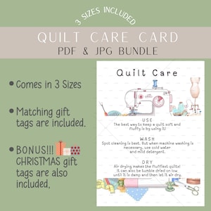 Tarjeta imprimible para el cuidado de colchas: instrucciones de lavado y cuidado, etiquetas de regalo incluidas, descarga digital