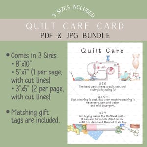 Quilt Pflege Karte zum Ausdrucken: Wasch- & Pflegeanleitung, Geschenkanhänger inklusive, digitaler Download