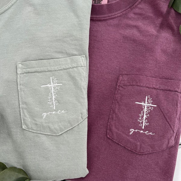 Embroidered Pocket Print Cross shirt || Christian T-shirt || Comfort Colors pocket shirt || Cross Pocket tee || Pocket || Cross shirt ||