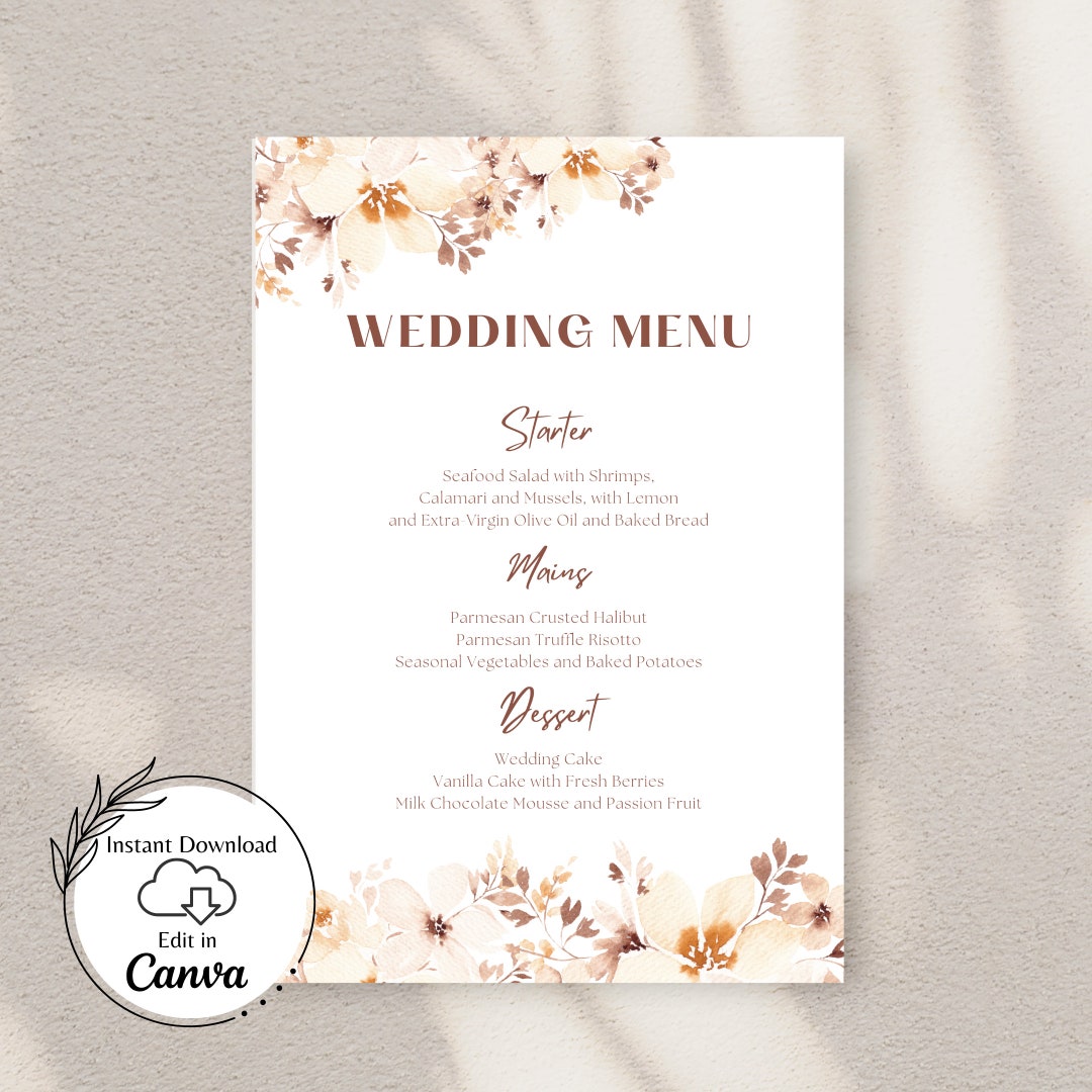 Wedding Menu Template Editable Printable Menu Card Table - Etsy