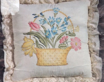 Vintage Candlewicking Embroidery Pillow Kit Charmin #08-70 Spring Flower Basket Posies in Wicker Basket Ruffle Trim 14x14