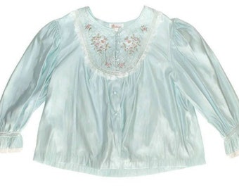 Vintage Ladies Bed Jacket Barbizon Cuddleskin Pale Aqua Blue Lace Floral Embroidery Lingerie Bed Coat L Large Silky Satin Style 1960s