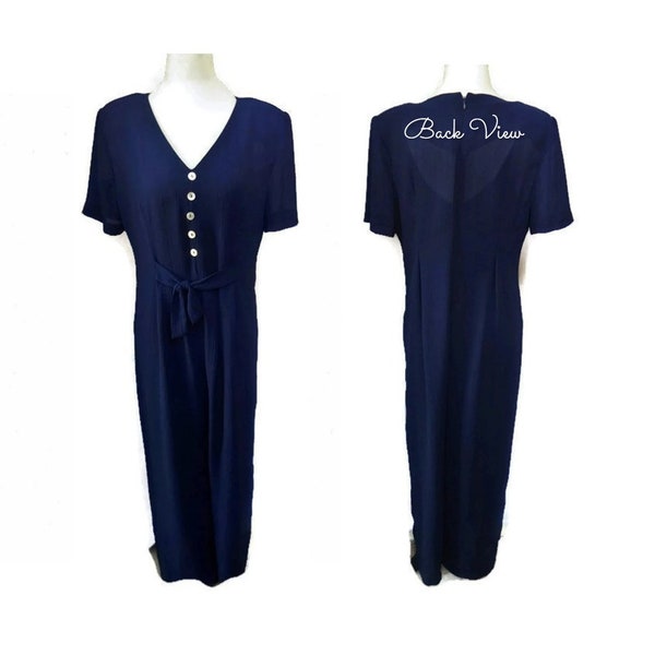 Vintage Womens Navy Blue Romper Jumpsuit Bonnie Marx Dressy Wide Leg Pantsuit Separate Underslip Medium 10 Petite