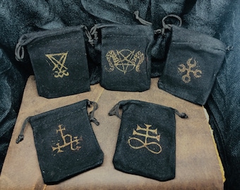 Hand-painted Satanic Velvet Bag Storage Bag for Tarot Cards, Jewelry, Pendulum, Herbs, Oil Bottles, Stones and much more. Magic Occultism