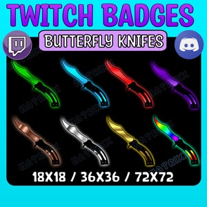 Op de afbeelding: Acht verschillende gekleurde vlindermessen, elk met een zwart handvat en een verschillend gekleurd lemmet. De messen zijn gerangschikt in twee rijen van vier. De tekst "TWITCH BADGES BUTTERFLY KNIFES" staat bovenaan de afbeelding. De tekst "18X18 / 36X36 / 72X72" staat onderaan de afbeelding.