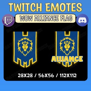 Op de afbeelding: Een blauwe en gouden banner met een leeuwenkop en het woord "ALLIANCE" in gouden letters. De banner is een Twitch-emote voor World of Warcraft. De emote is beschikbaar in drie maten: 28x28, 56x56 en 112x112.