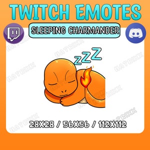 May include: A cartoon illustration of a sleeping orange Charmander Pokemon with a flame tail. The image is labeled "SLEEPING CHARMANDER" and includes the text "zzz" above the Pokemon. The image is surrounded by a light orange background and includes the text "TWITCH EMOTES" at the top.
