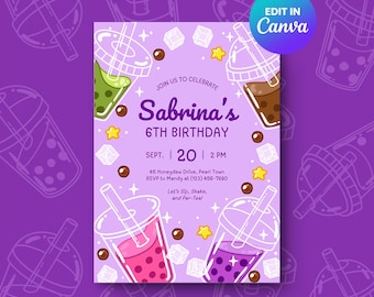 Editable Boba Tea Birthday Invitation Template, Bubble Tea Party Kids Invite Canva Design, Printable Digital Download