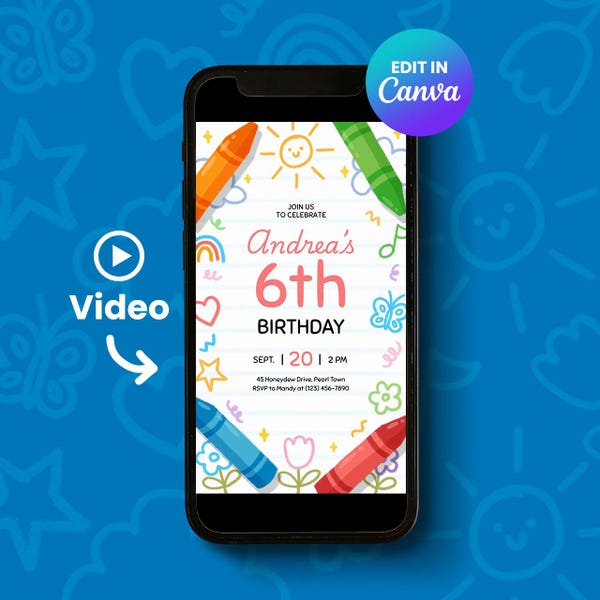 Inbjudan till födelsedag med animerade kritor och klotter | Videoinbjudan för barnkonstfest | Redigerbar Canva-mall