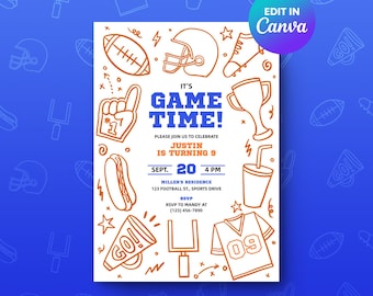 Puede incluir: Una invitación blanca con un fondo azul con dibujos de fútbol. La invitación dice "It's Game Time!" e incluye detalles para una fiesta de cumpleaños, incluyendo la fecha, hora y lugar. El logo de Canva está en la esquina superior derecha.