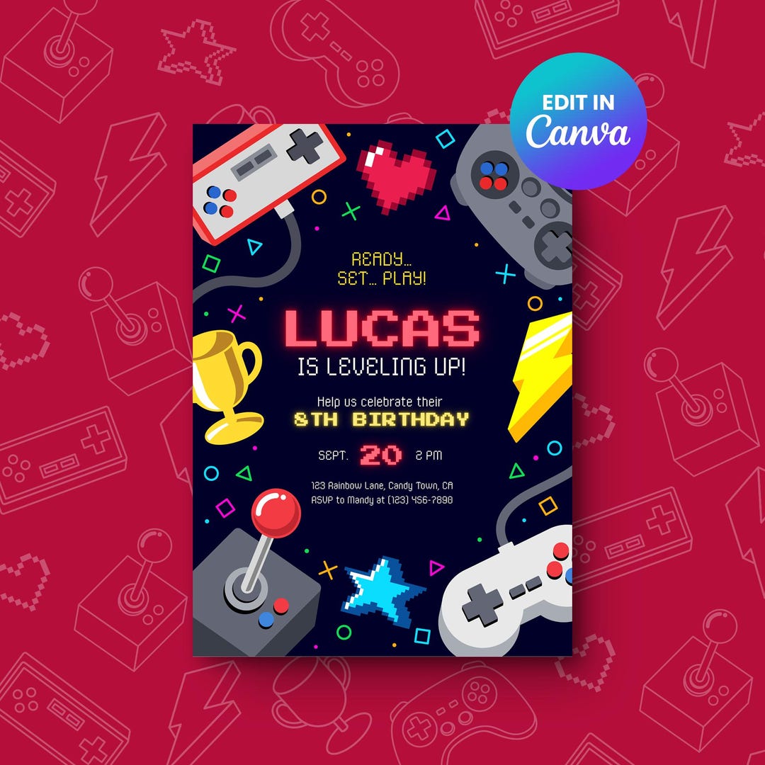 Video Game Birthday Invitation Editable Gaming Party Template Retro ...