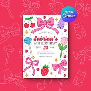 Pode incluir: Um convite de aniversário rosa e branco com o texto "6º Aniversário da Sabrina" e elementos decorativos como laços, cerejas e um pirulito. O convite inclui a data, hora e informações de RSVP.