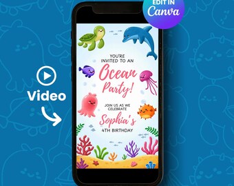 Animerad födelsedagsinbjudan under havet, barnfest i Canva-mall, redigerbar videoinbjudan, digital nedladdning