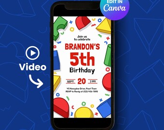 Animated Building Blocks Birthday Invitation, Shape Toy Bricks Colorful Video Invite, Editable Canva Template