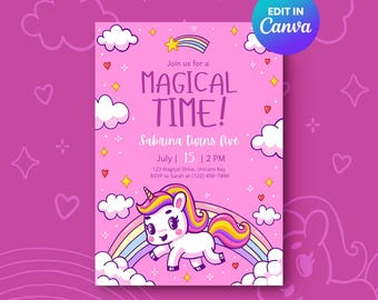 Cute Cartoon Unicorn Birthday Invitation, Magical Pink Pony Rainbow Girl Party Canva Template, Printable Birthday Invite, Thank You Tag