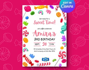 Candy Birthday Invitation Sweet Theme Kids Party Editable Canva Template