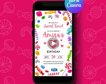 Candy Theme Video Invitation Candyland Birthday Animated Digital Invite Editable Canva Template