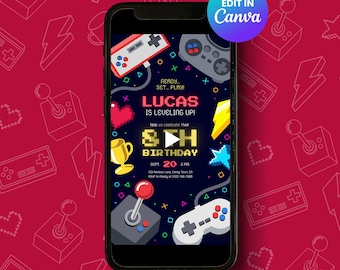 Gaming Birthday Video Invitation Animated Retro Game Party Digital Canva Template