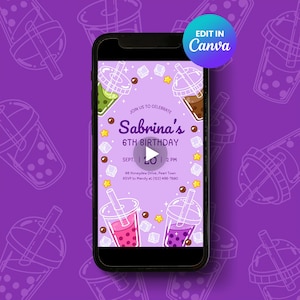 Geanimeerde Boba Tea-verjaardagsuitnodiging, Bubble Tea Party-videouitnodiging, bewerkbare canva-sjabloon, digitale download