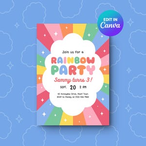 May include: A vibrant invitation for a "Rainbow Party" with a rainbow design and the text "Sammy turns 3!" The invitation includes the date, time, and RSVP details. The background is light blue with cloud and star patterns.