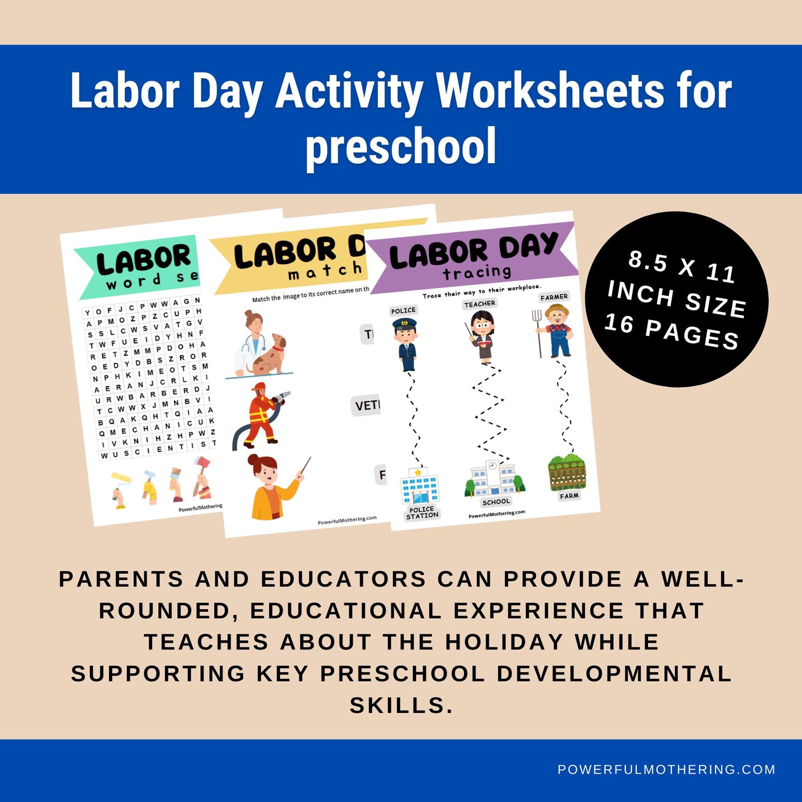 Preschool Worksheets - Labor Day Activities for Preschoolers - 16 Pages