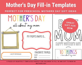 Mothers Day Fill in the blanks Gift Idea from Kids - Preschool Mothers day keepsake gift Activity for mom - All about my mom templates
