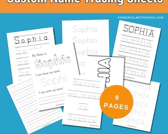 May include: Nine printable name tracing worksheets for children featuring the name "Sophia" in black and white. The worksheets include lines for tracing the name, writing the name, and writing "My name is: Sophia".