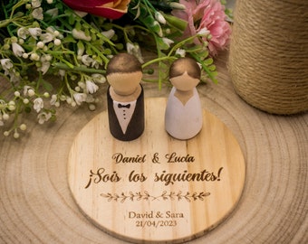 Personalized Wedding Detail You Are Next | Wooden Slice Engraved with Name of the Bride and Groom | Hand Painted Bride and Groom Figurines
