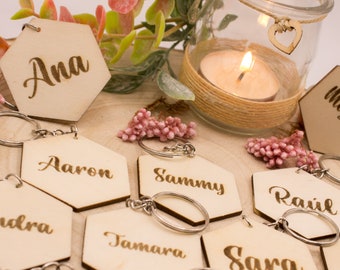 Llaveros personalizados de madera en forma de hexágono con grabado de nombre o logo - Marcasitios ideal para bodas y eventos especiales.
