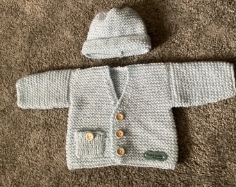 Hand knitted baby cardigan and hat 0-3 months