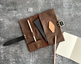 The Mini Stony Brook Leather Maker Toolkit in Stone Gray • Artist Organizer • Crochet, Brush, Marker, Pencil • Hand-stitched • USA Handmade