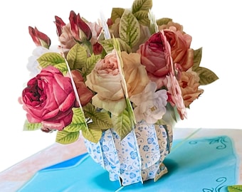 Pop up Karte 3D Vintage Blumenvase Geschenk Karte Mom Muttertag 15x20 cm