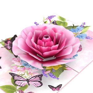 Biglietto pop-up 3D Love Pink Rose con farfalla Biglietto d'auguri 15 x 20 cm