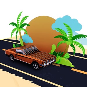 Pop Up Card 3D Classic Car, Vintage Car on the Beach Card Greeting 15 x 20 cm