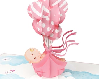 Pop Up Card 3D for Birth Baby Girl and Balloons Card Greeting 15 x 20 cm