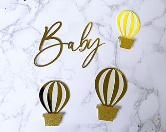 Hot air balloon baby shower cake topper charm set in gold foil