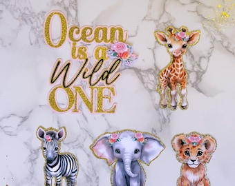 Safari Animals Cake Topper: Pink & Gold Glitter, Wild One Two Three