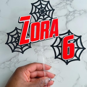 Spiderweb themed name and age cake topper set, superhero cake toppers