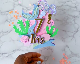 Adorno para tarta de cumpleaños de sirena en tonos pastel: edad y nombre personalizados
